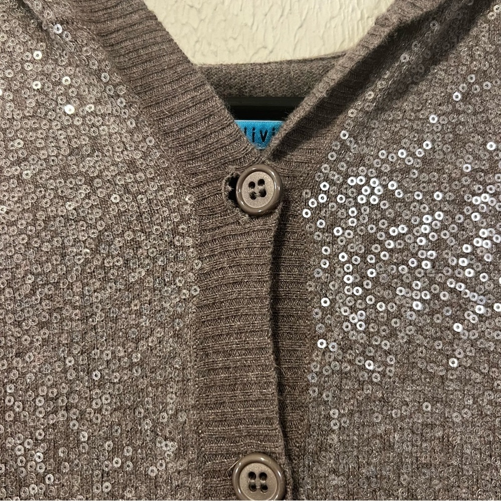 Alice & Olivia Brown Taupe Sequin Hooded Cardigan size large - Picture 5 of 16